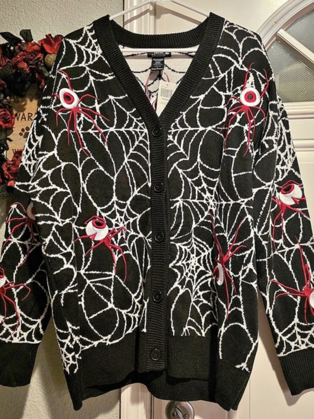 Social Collision NWT Halloween Spider Web Cardigan Black Red Goth